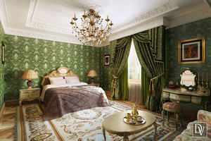 Просторная спальня с зелёными стенами